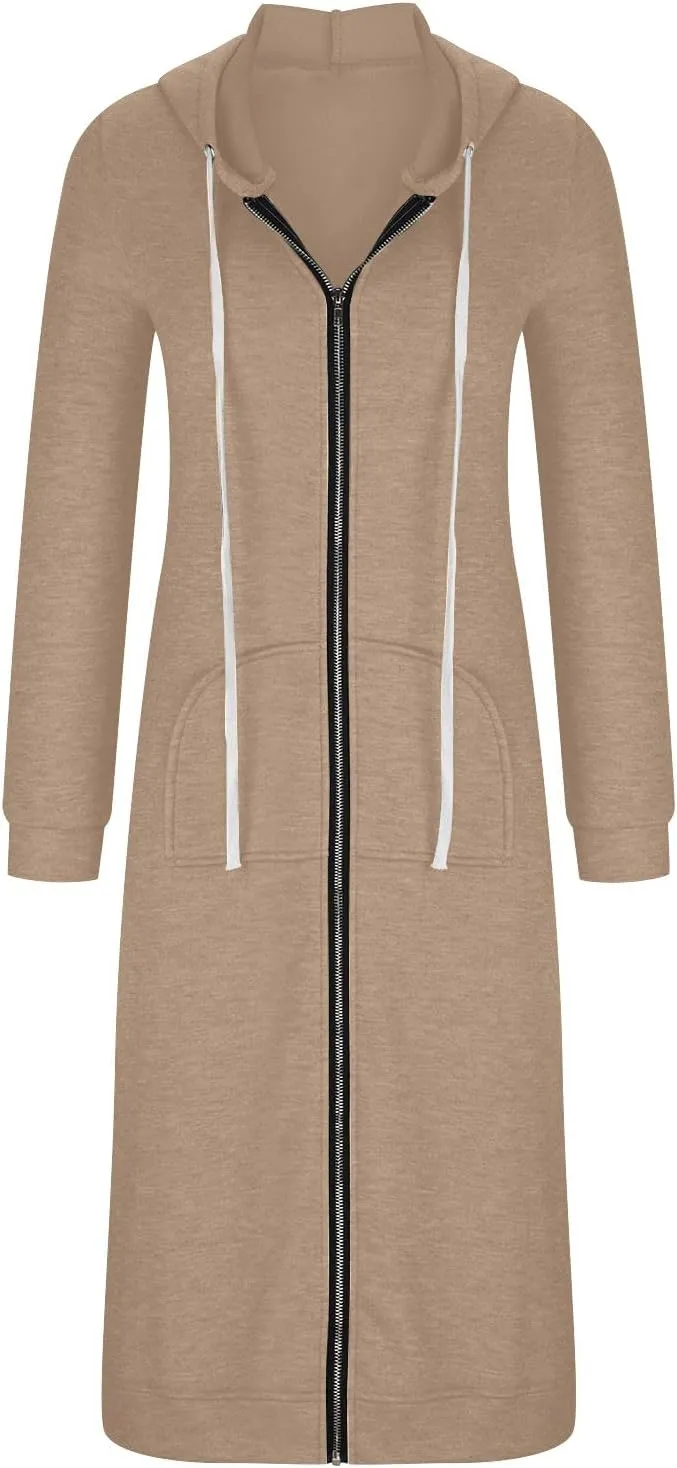 Knee Length Sweatshirts Long Hoodies for Women 2024 Winter Full Zip Up Drawstring Hooded Coat Fall Fashion Outwear