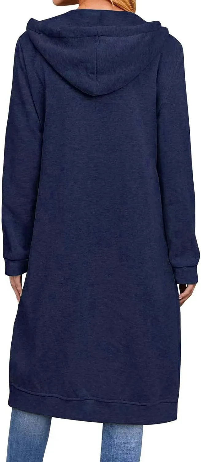 Knee Length Sweatshirts Long Hoodies for Women 2024 Winter Full Zip Up Drawstring Hooded Coat Fall Fashion Outwear