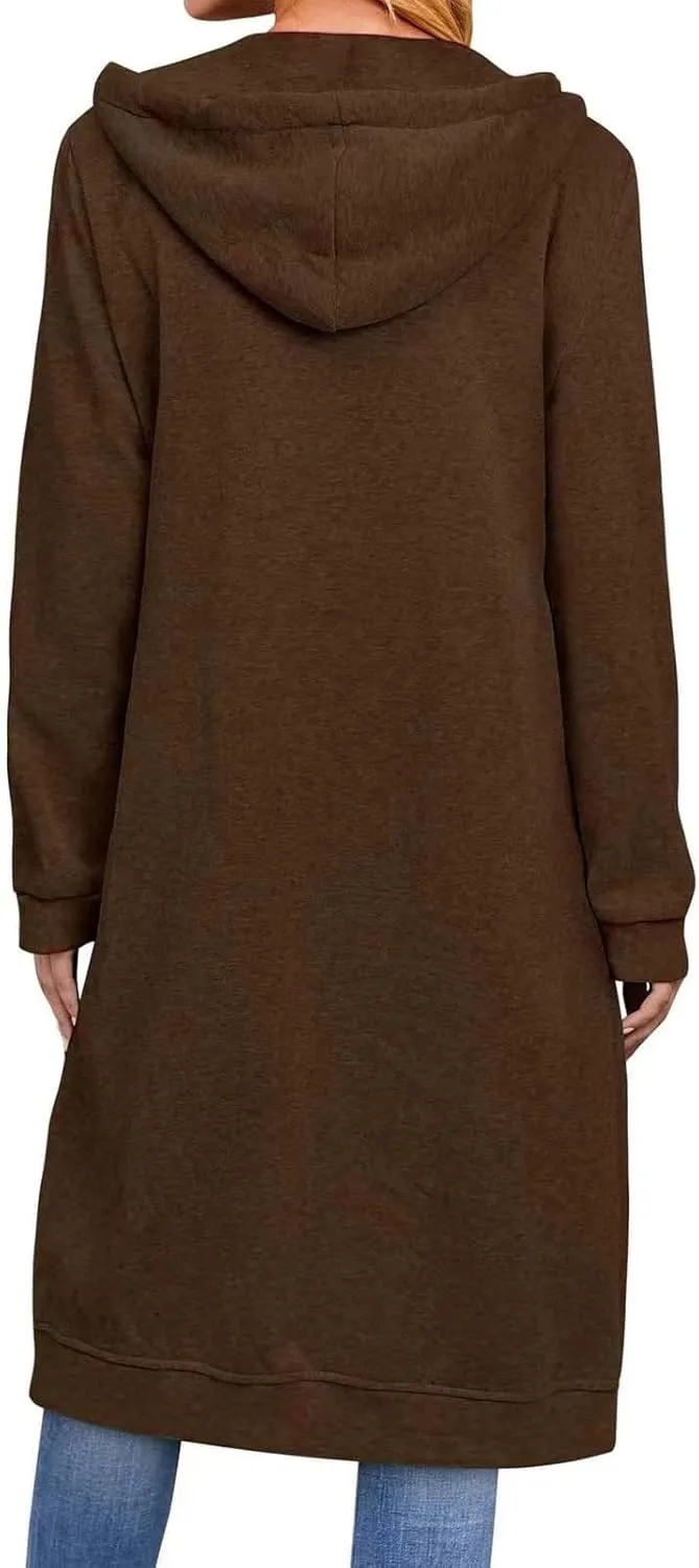 Knee Length Sweatshirts Long Hoodies for Women 2024 Winter Full Zip Up Drawstring Hooded Coat Fall Fashion Outwear