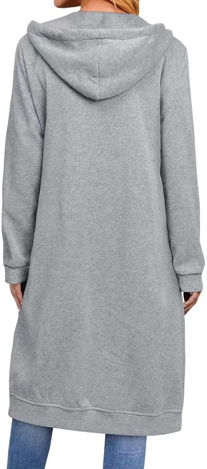 Knee Length Sweatshirts Long Hoodies for Women 2024 Winter Full Zip Up Drawstring Hooded Coat Fall Fashion Outwear