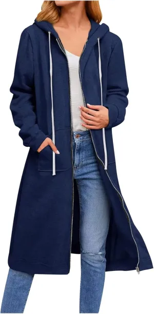 Knee Length Sweatshirts Long Hoodies for Women 2024 Winter Full Zip Up Drawstring Hooded Coat Fall Fashion Outwear
