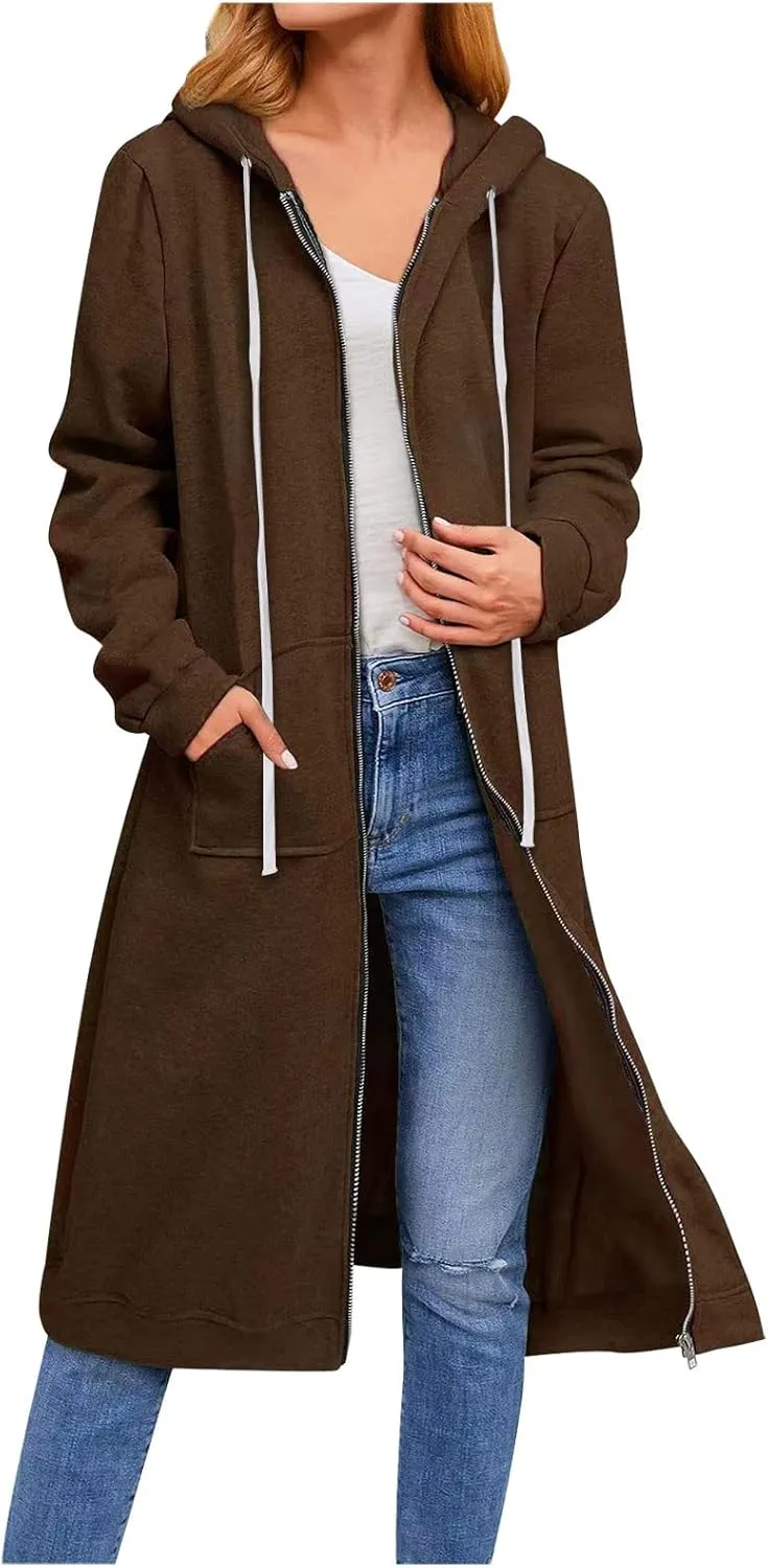 Knee Length Sweatshirts Long Hoodies for Women 2024 Winter Full Zip Up Drawstring Hooded Coat Fall Fashion Outwear