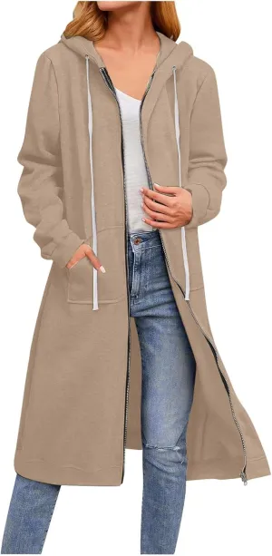 Knee Length Sweatshirts Long Hoodies for Women 2024 Winter Full Zip Up Drawstring Hooded Coat Fall Fashion Outwear