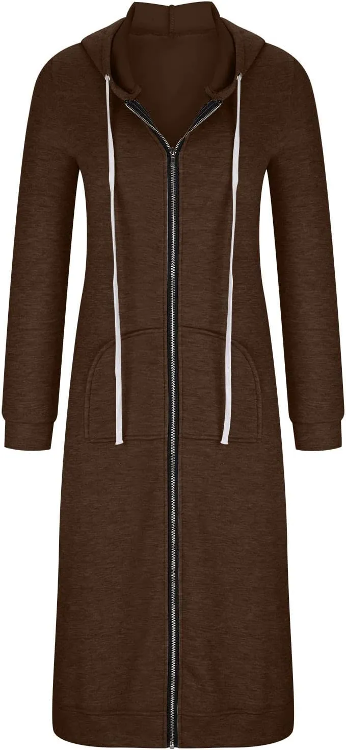 Knee Length Sweatshirts Long Hoodies for Women 2024 Winter Full Zip Up Drawstring Hooded Coat Fall Fashion Outwear