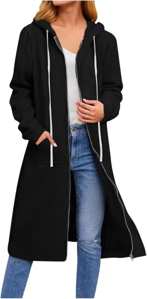 Knee Length Sweatshirts Long Hoodies for Women 2024 Winter Full Zip Up Drawstring Hooded Coat Fall Fashion Outwear