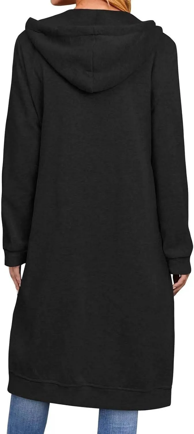 Knee Length Sweatshirts Long Hoodies for Women 2024 Winter Full Zip Up Drawstring Hooded Coat Fall Fashion Outwear