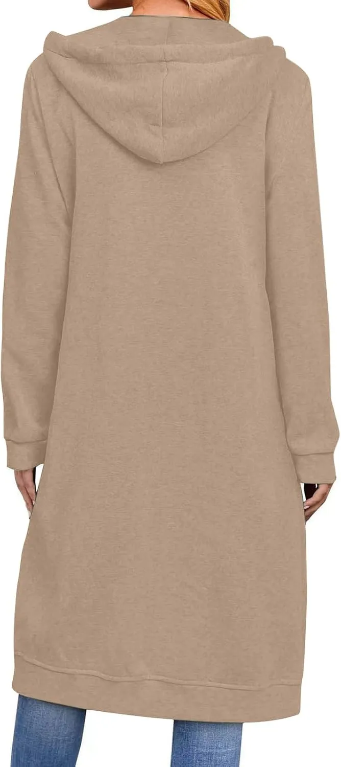 Knee Length Sweatshirts Long Hoodies for Women 2024 Winter Full Zip Up Drawstring Hooded Coat Fall Fashion Outwear
