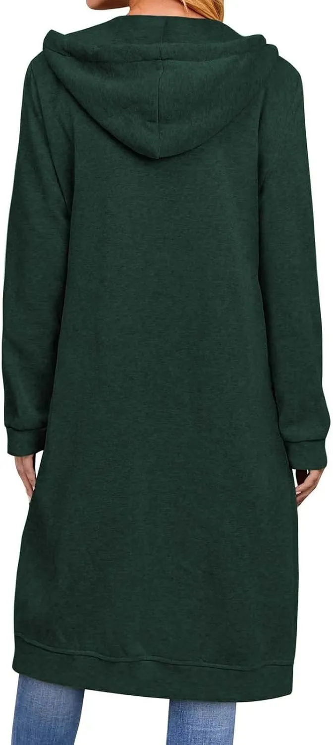 Knee Length Sweatshirts Long Hoodies for Women 2024 Winter Full Zip Up Drawstring Hooded Coat Fall Fashion Outwear