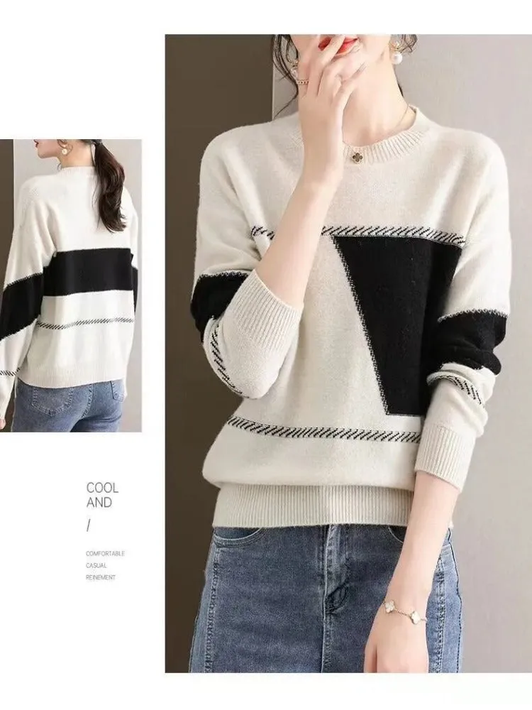 Korean Fashion O-Collar Neck Pullover Autumn Winter Knitting Sweater with Color Blocking, Plush & Thickened for an All-Match Bottoming Shirt Look