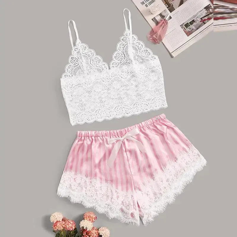 Lace Satin Silk Pajamas Set