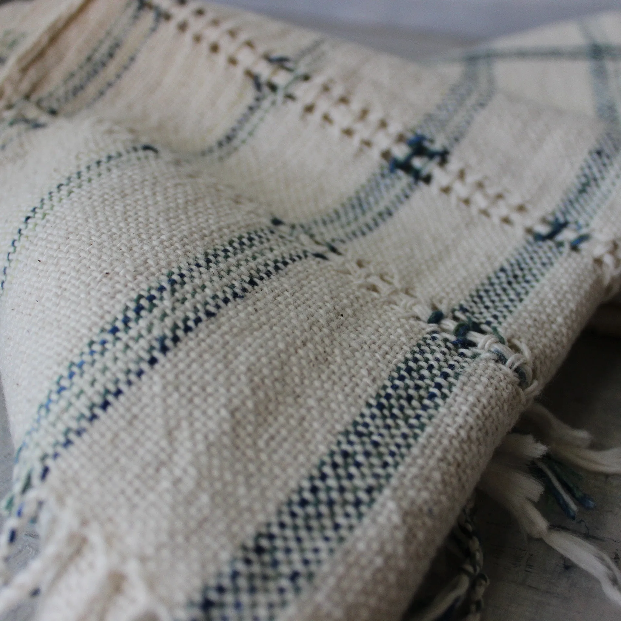 Lao Handwoven Cotton Scarf : Natural with Indigo Stripe