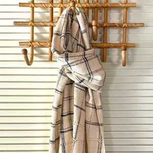 Lao Handwoven Cotton Scarf : Natural with Indigo Stripe