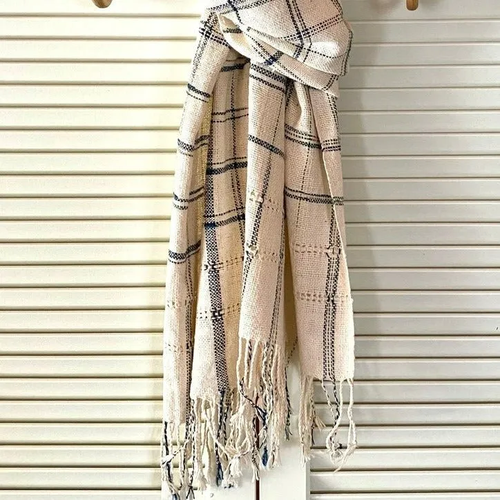 Lao Handwoven Cotton Scarf : Natural with Indigo Stripe