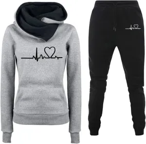Lastesso Womens Jogger Sets 2 Piece Outfits Fashion Heart Print High Neck Warm Track Suits Comfy Ladies Loungewear Sets