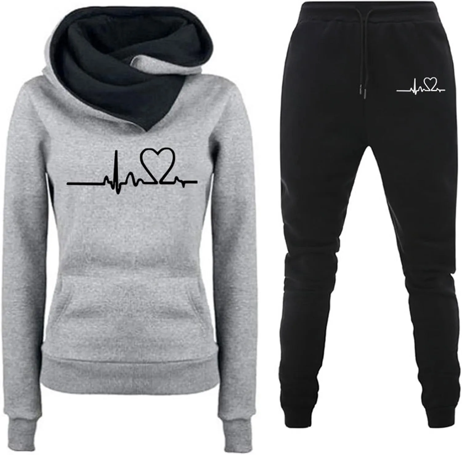 Lastesso Womens Jogger Sets 2 Piece Outfits Fashion Heart Print High Neck Warm Track Suits Comfy Ladies Loungewear Sets