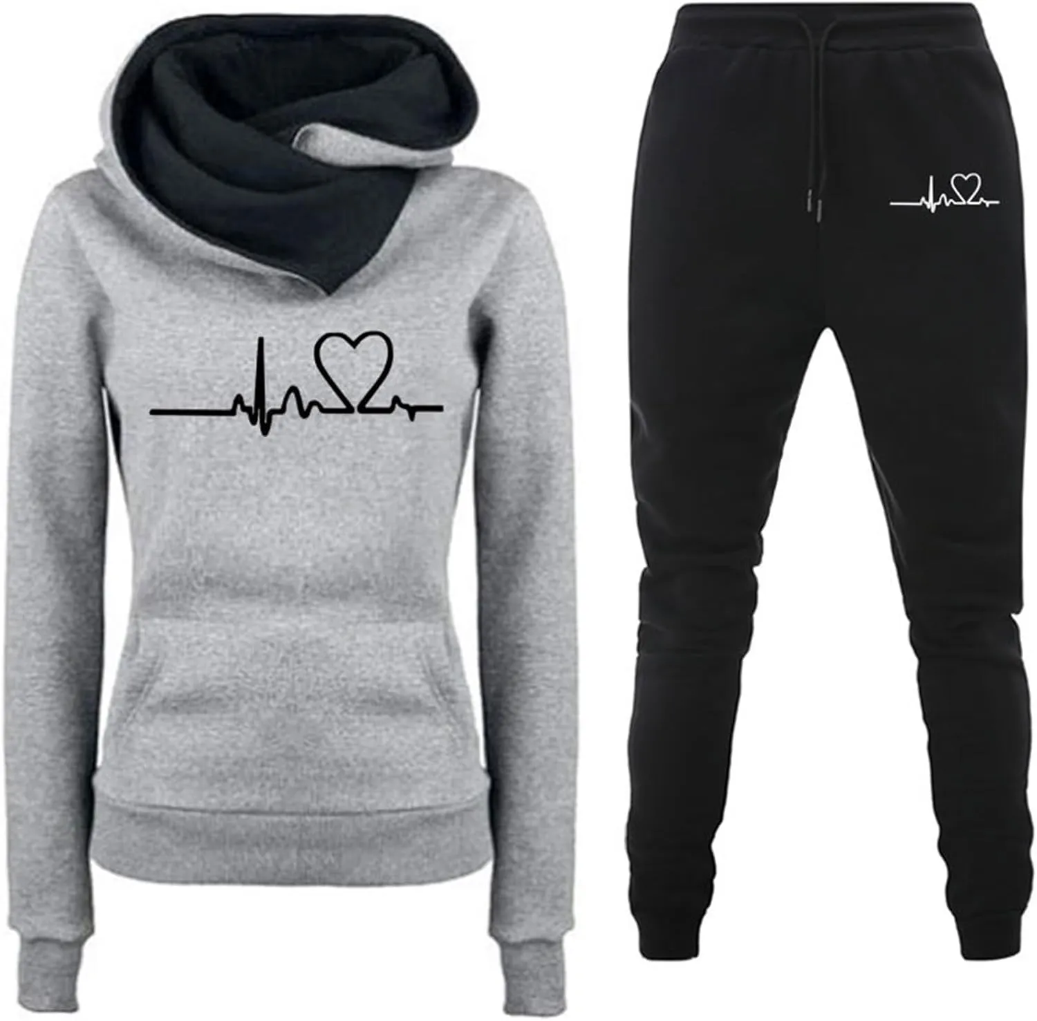 Lastesso Womens Jogger Sets 2 Piece Outfits Fashion Heart Print High Neck Warm Track Suits Comfy Ladies Loungewear Sets