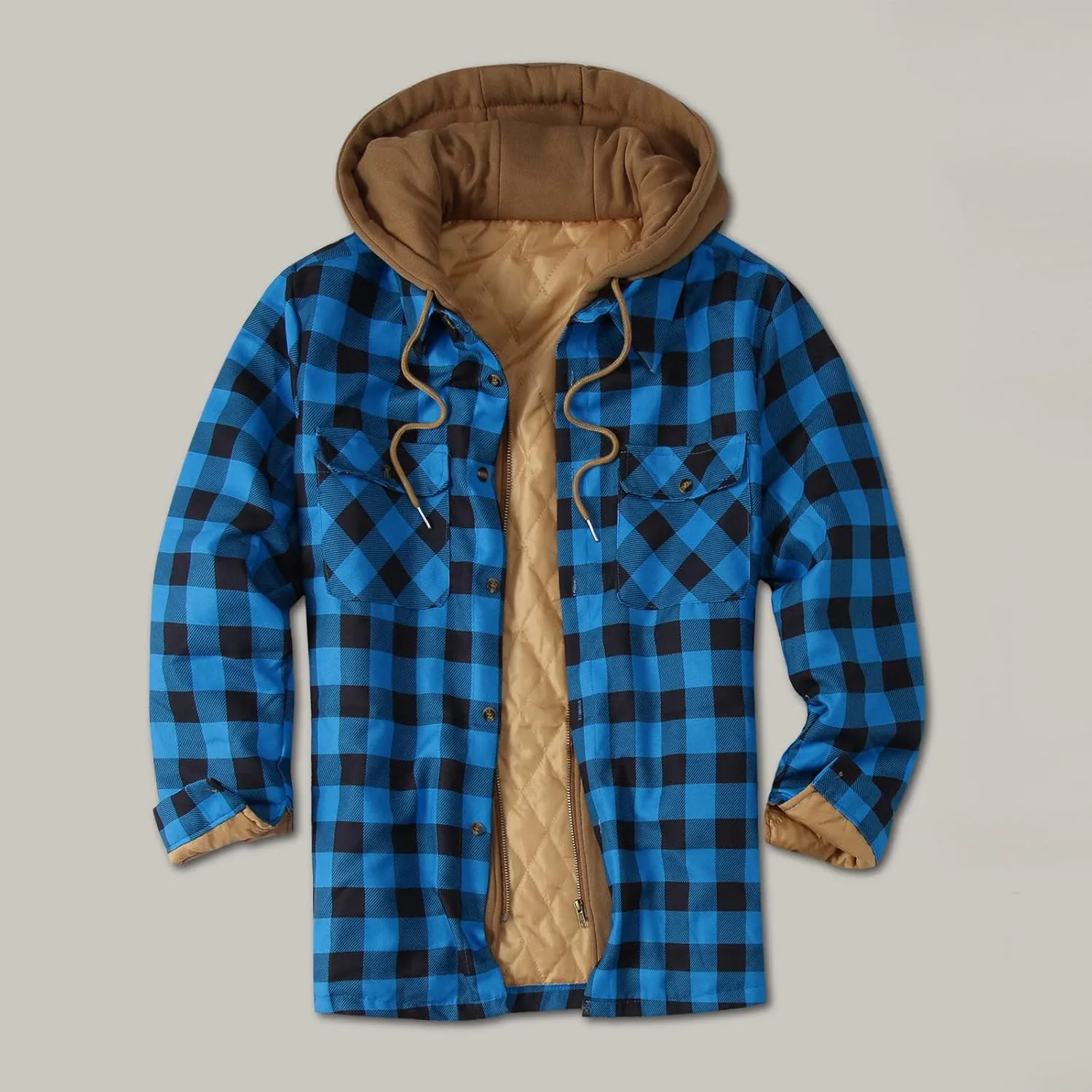 LCMTWX Mens Plaid Flannel Jacket Print Hooded Zipper Pocket Long Sleeve Shirt Patchwork Jacket Loose Fleece Button Down