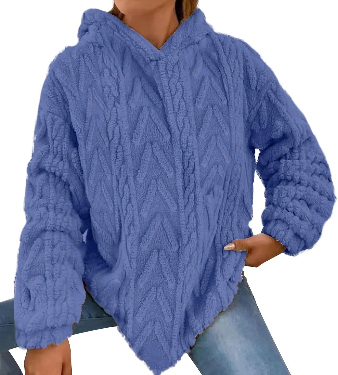 LCMTWX Womens 2023 Winter Fuzzy Fleece Jacket Solid Hooded Thickened Jacquard Long Sleeve Solid Oversized Fuzzy Fleece Fall