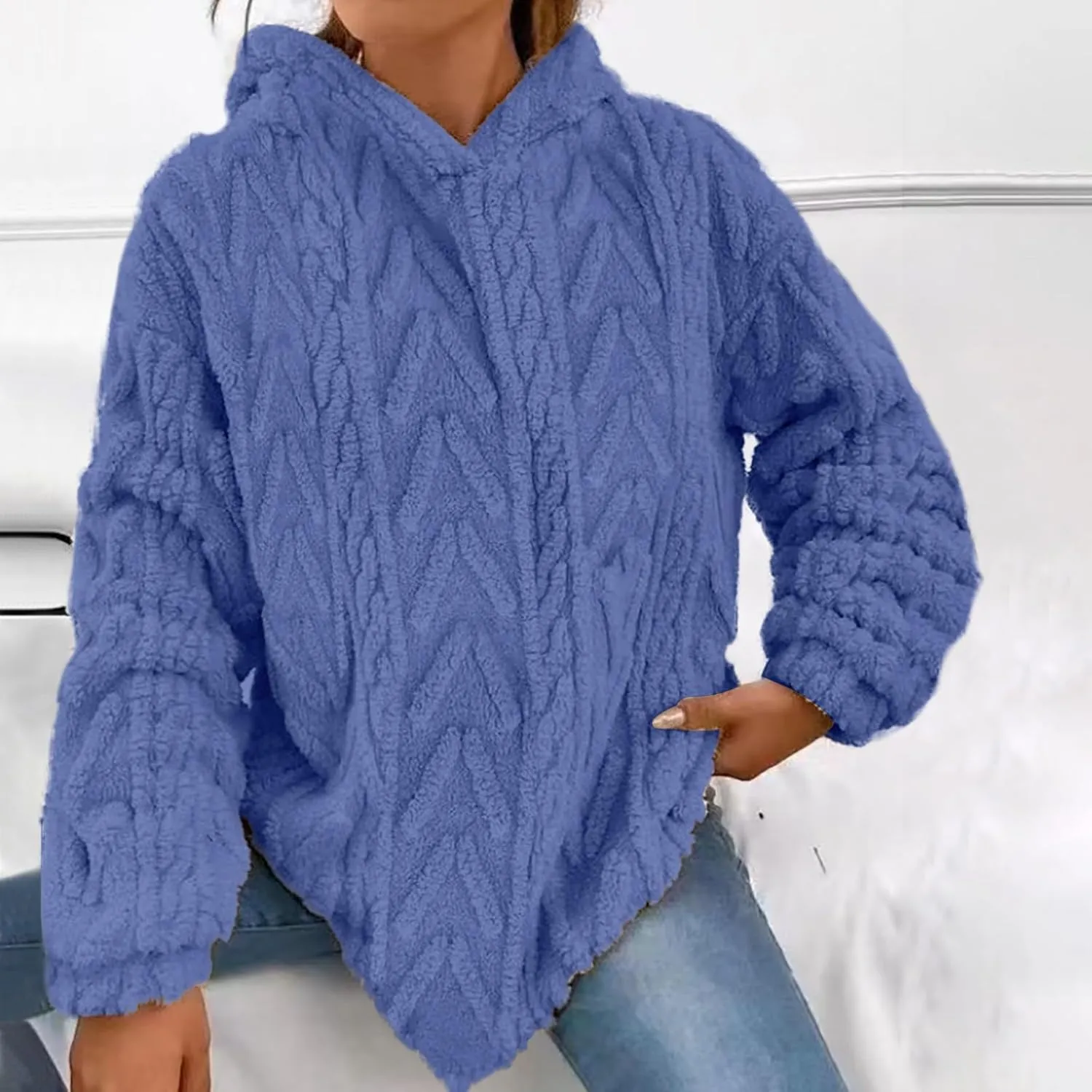 LCMTWX Womens 2023 Winter Fuzzy Fleece Jacket Solid Hooded Thickened Jacquard Long Sleeve Solid Oversized Fuzzy Fleece Fall