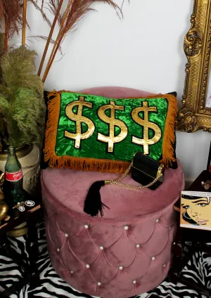 Leroy Manifest handmade decorative tassel throw scatter cushion in green velvet with gold dollar design