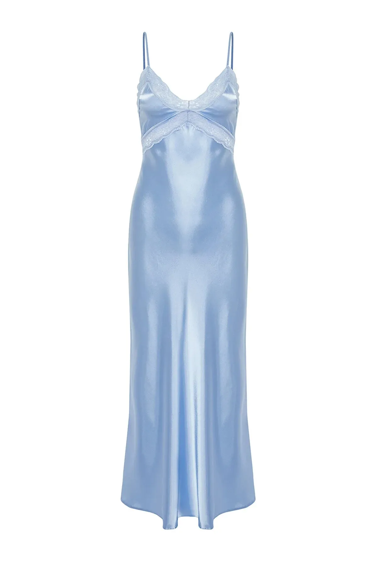 Light Blue Lace Detailed Satin Woven Nightgown