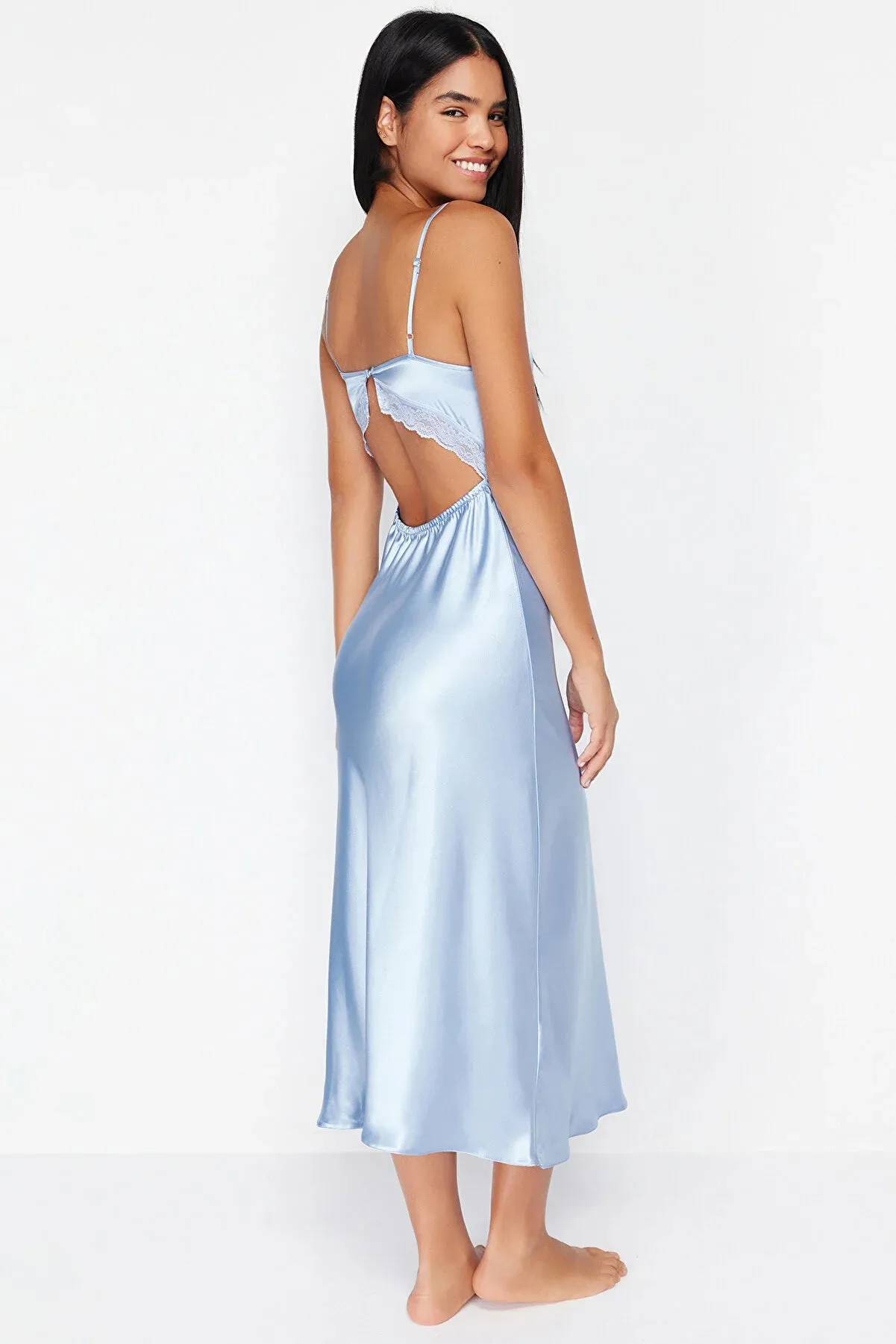 Light Blue Lace Detailed Satin Woven Nightgown