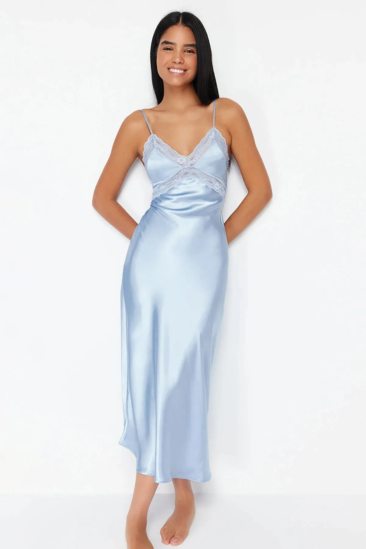 Light Blue Lace Detailed Satin Woven Nightgown