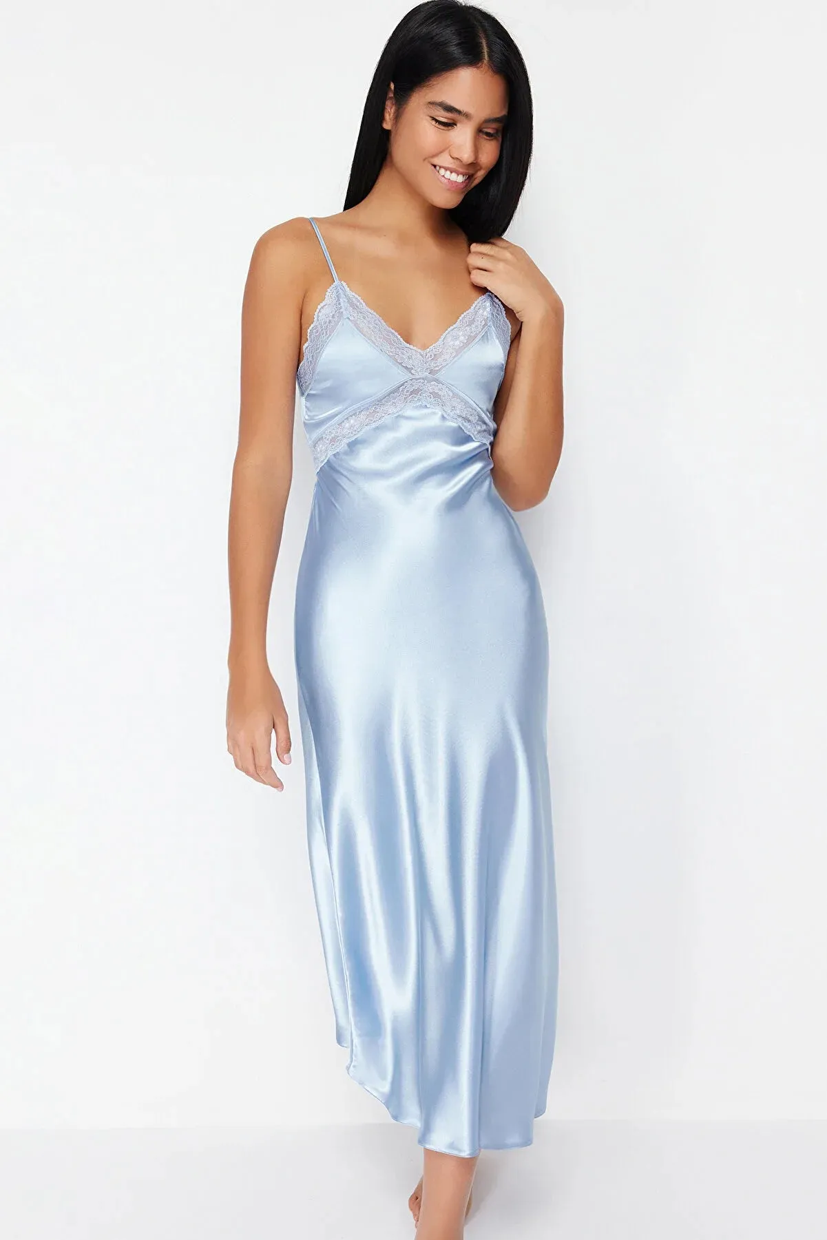 Light Blue Lace Detailed Satin Woven Nightgown