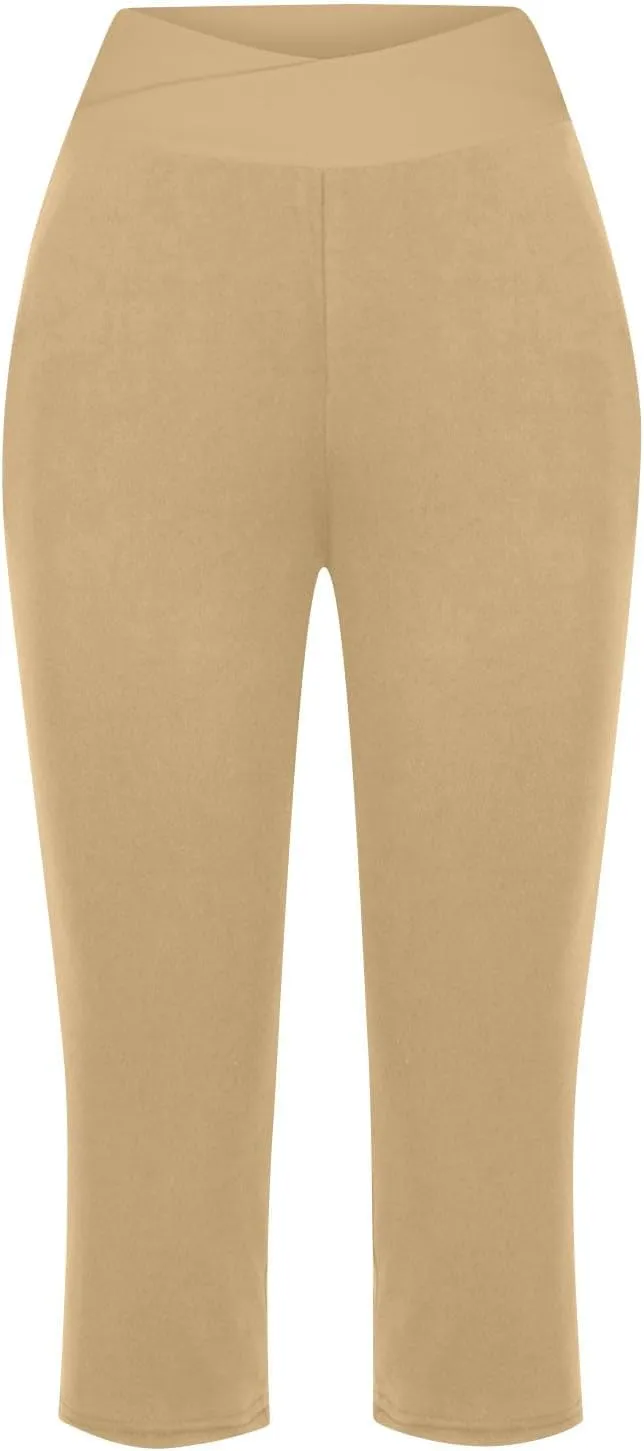 Lightweight Capri Sweatpants Women Knee Length Casual Summer Trousers Linen Elastic Waist Beach Capri with Pockets