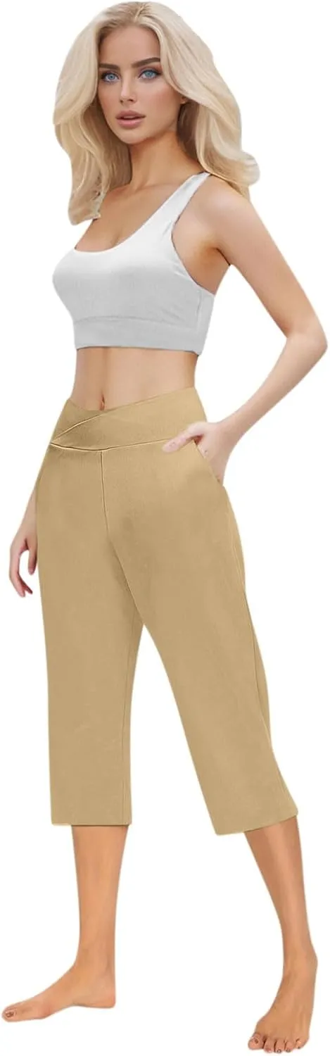 Lightweight Capri Sweatpants Women Knee Length Casual Summer Trousers Linen Elastic Waist Beach Capri with Pockets