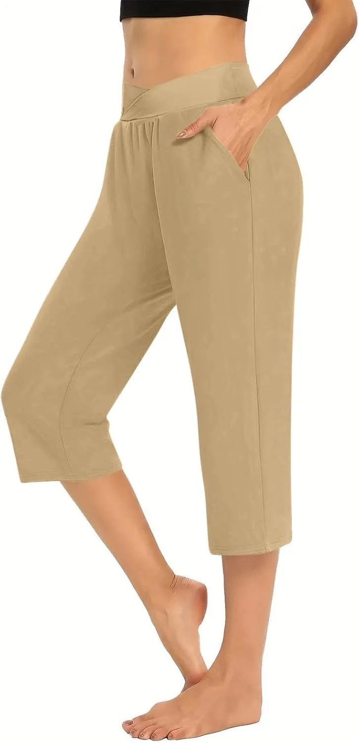 Lightweight Capri Sweatpants Women Knee Length Casual Summer Trousers Linen Elastic Waist Beach Capri with Pockets