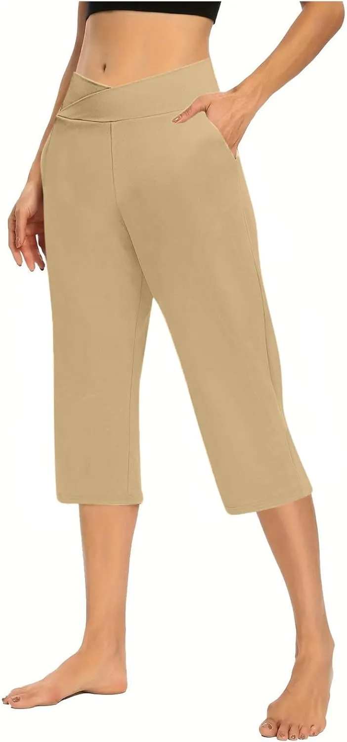 Lightweight Capri Sweatpants Women Knee Length Casual Summer Trousers Linen Elastic Waist Beach Capri with Pockets