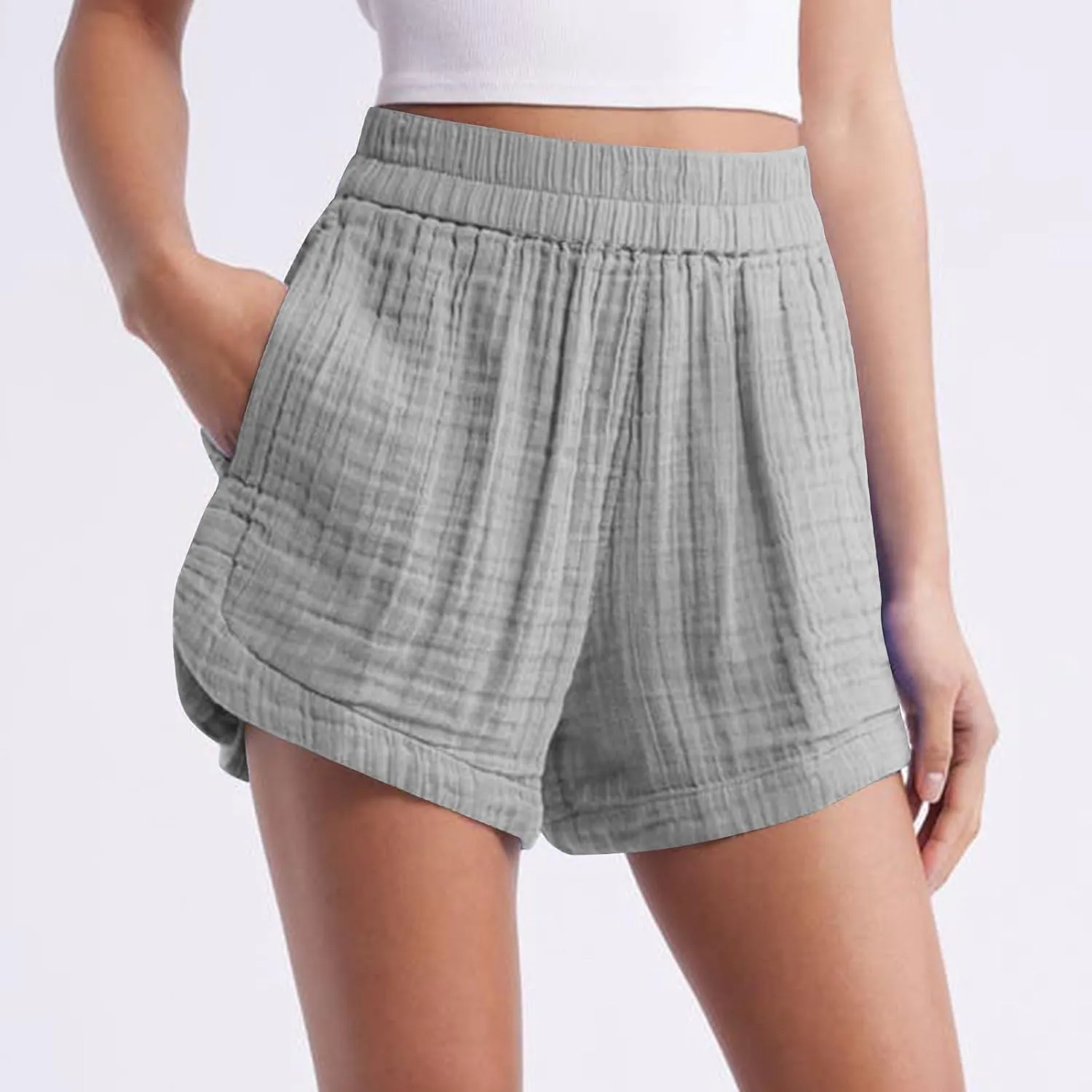 Linen Boxer Shorts for Women Comfy Summer Elastic Waist Pjs Bottoms Loose Sleepwear Lounge Pajama Shorts with Pockets