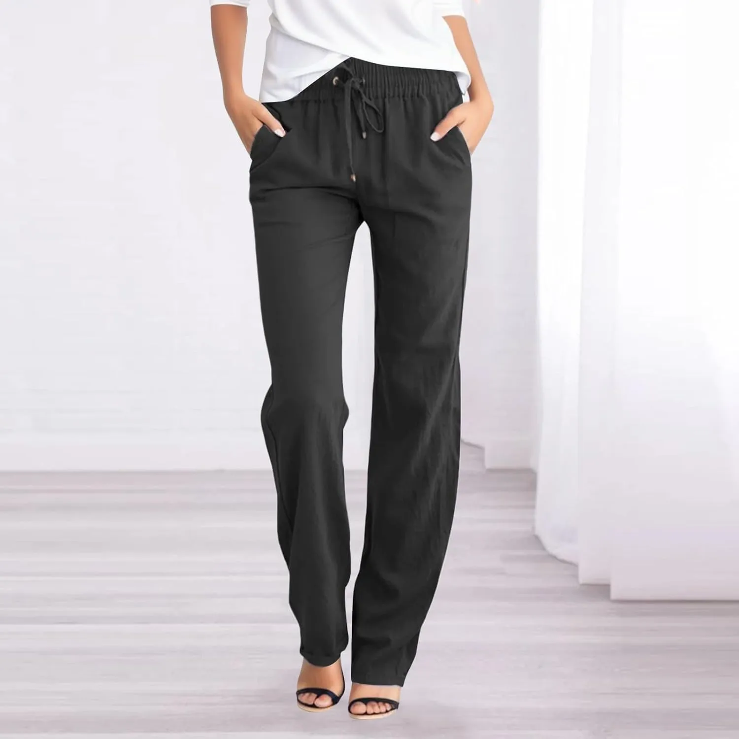 Linen Pants for Women Straight Leg Casual Loose Summer Beach Lightweight Drawstring Cotton Linen Pant Trousers