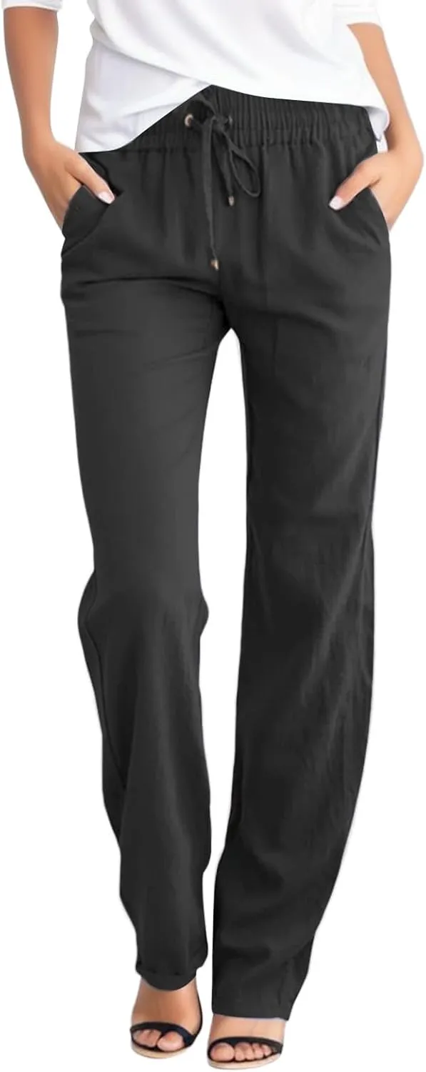 Linen Pants for Women Straight Leg Casual Loose Summer Beach Lightweight Drawstring Cotton Linen Pant Trousers
