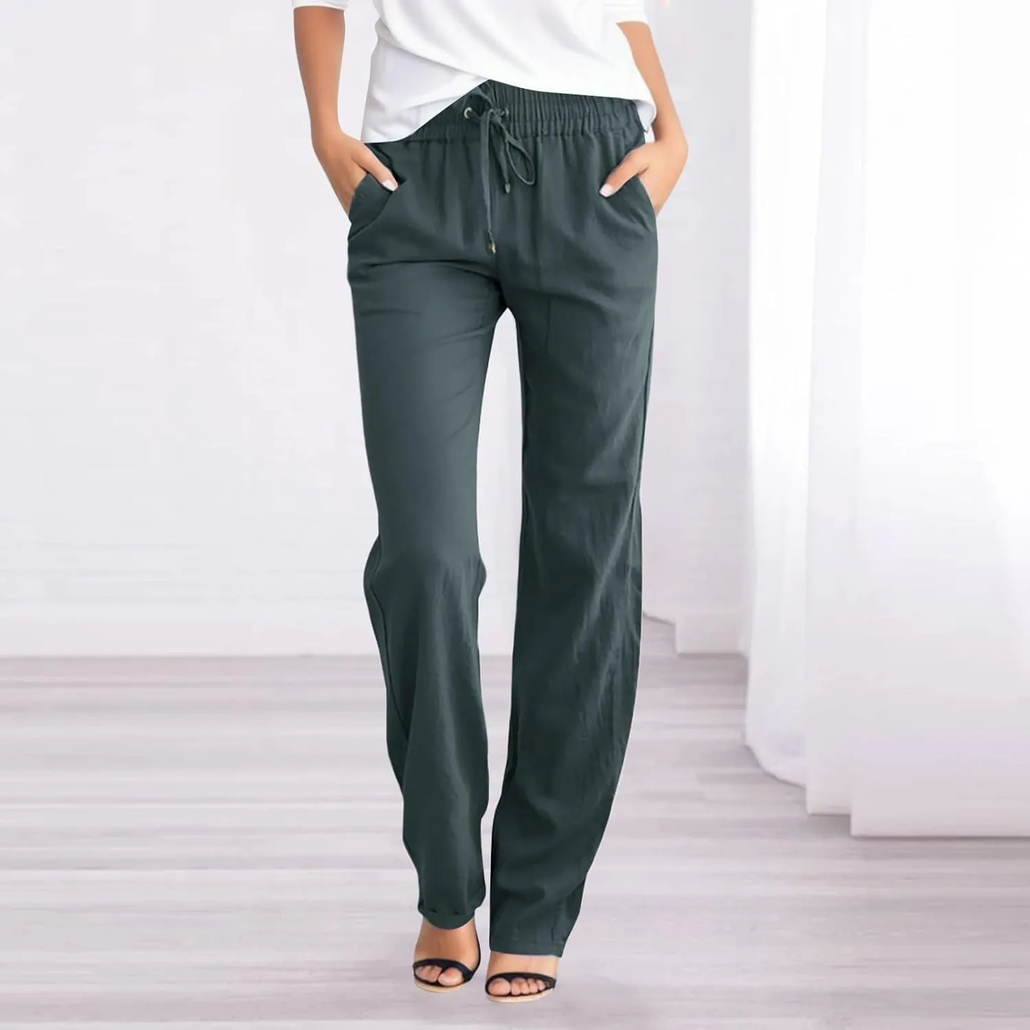 Linen Pants for Women Straight Leg Casual Loose Summer Beach Lightweight Drawstring Cotton Linen Pant Trousers