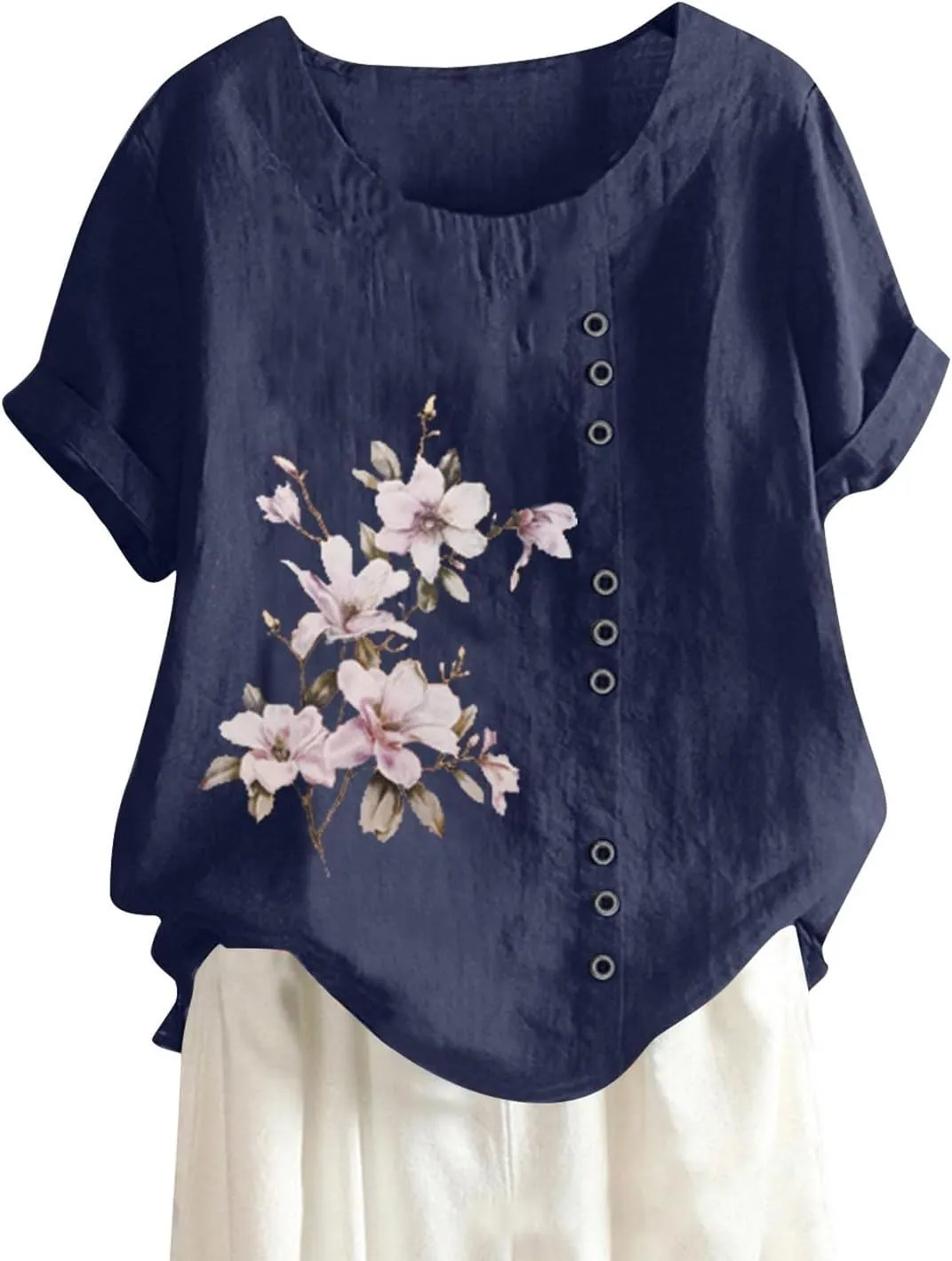 Linen Shirt Women,Short Sleeve 2024 Summer Blouses Round Neck Boho Blouse Button Down T Shirt Floral Print Top