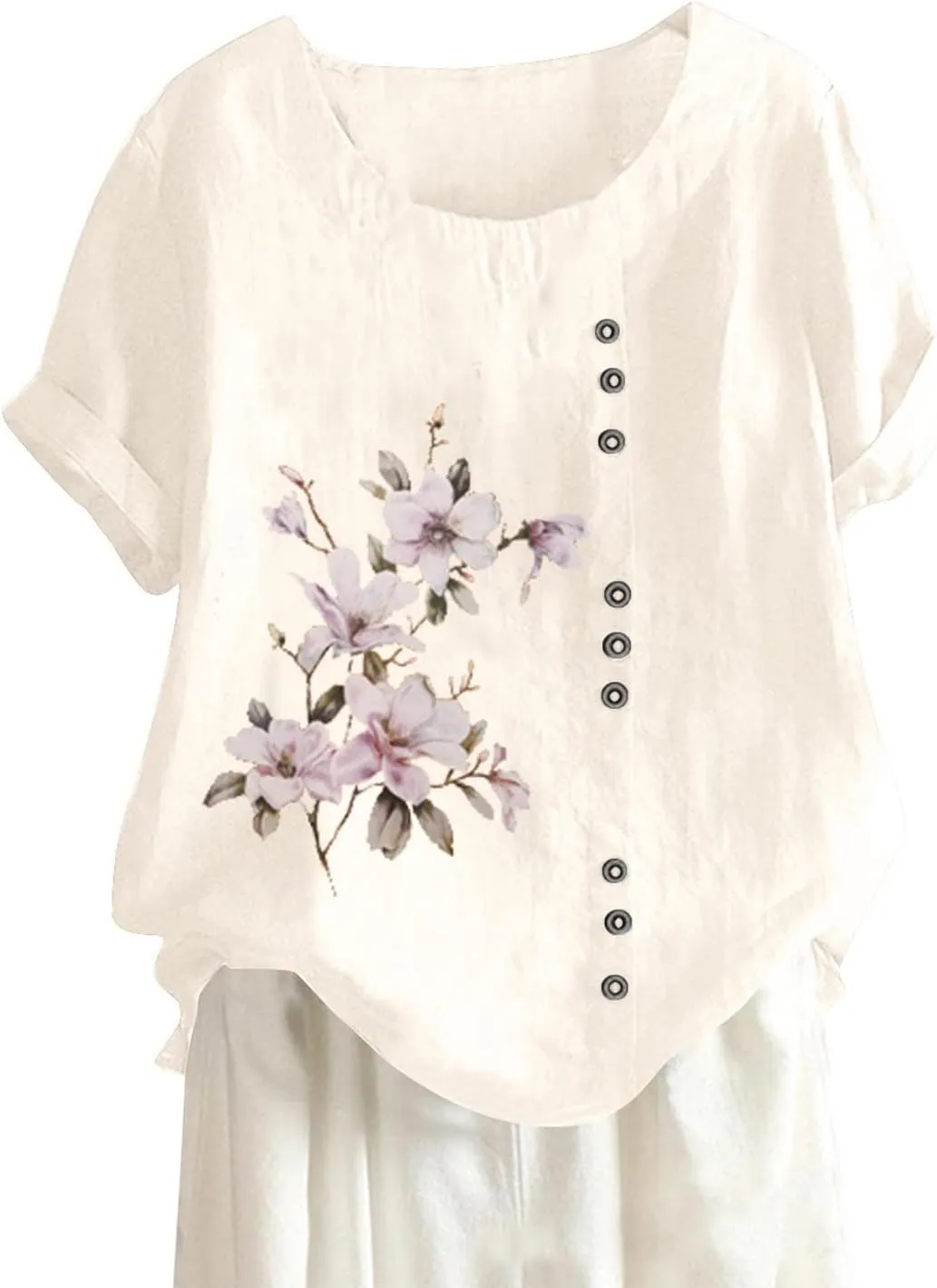 Linen Shirt Women,Short Sleeve 2024 Summer Blouses Round Neck Boho Blouse Button Down T Shirt Floral Print Top