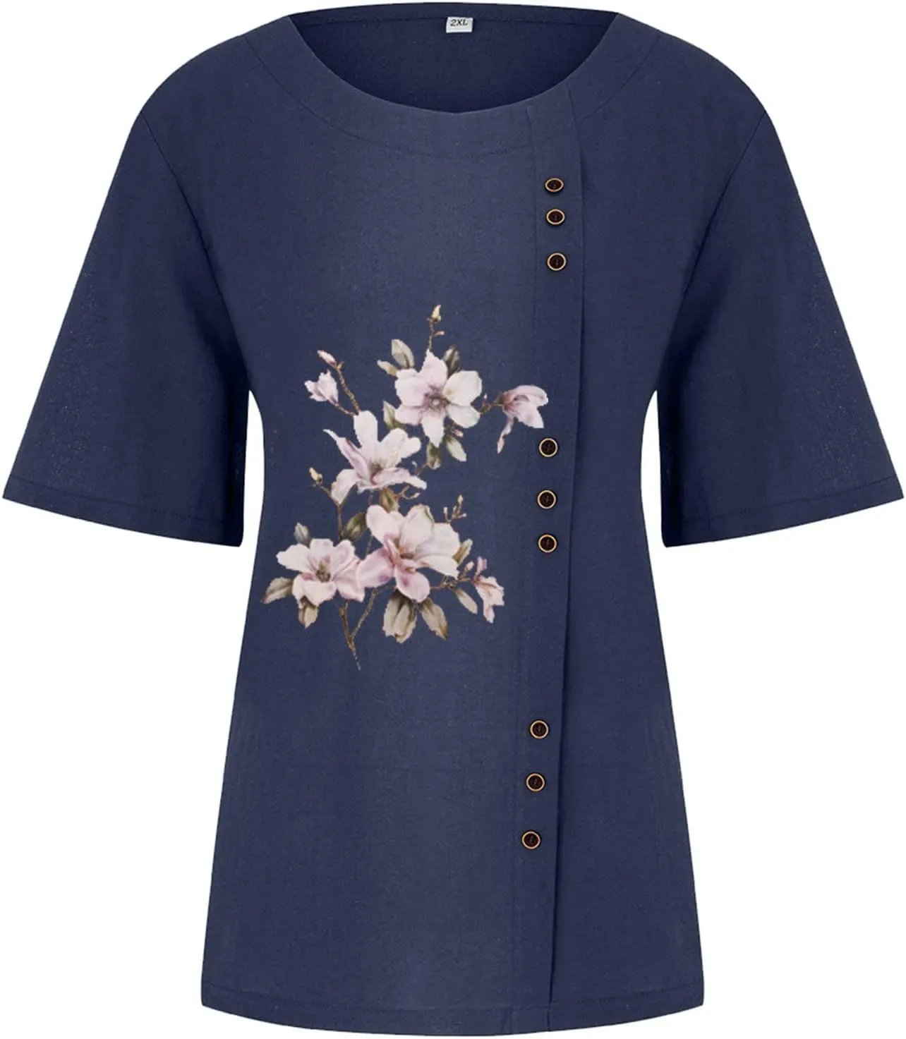 Linen Shirt Women,Short Sleeve 2024 Summer Blouses Round Neck Boho Blouse Button Down T Shirt Floral Print Top