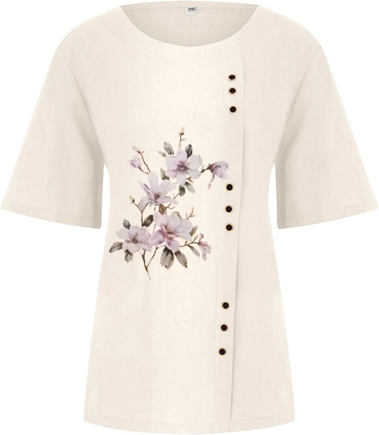 Linen Shirt Women,Short Sleeve 2024 Summer Blouses Round Neck Boho Blouse Button Down T Shirt Floral Print Top