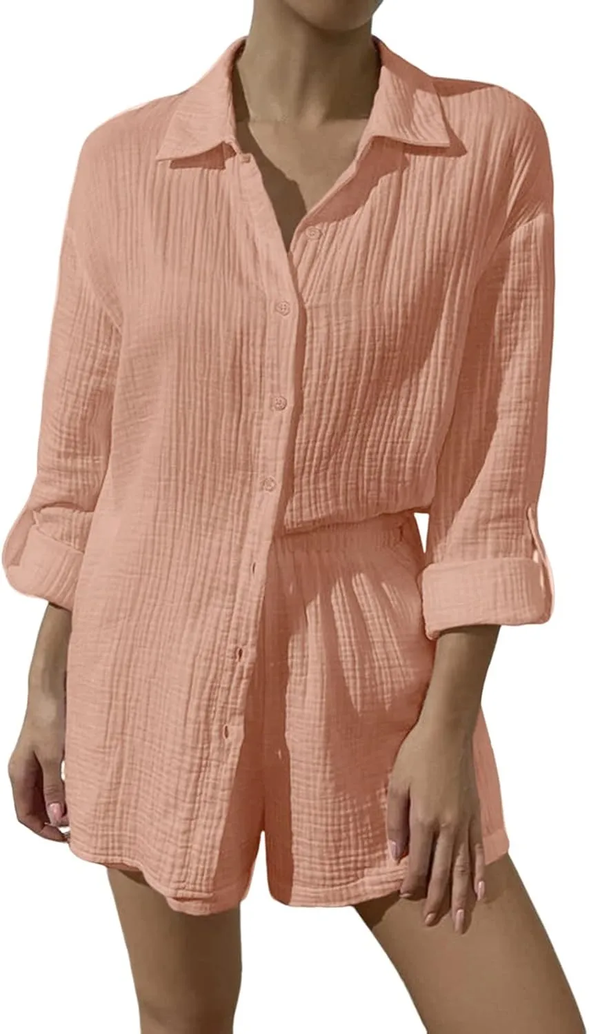 Linen Short Sets for Women Short Sleeve Top Shorts 2 Piece Summer Beach Vacation Outfits Lounge Tracksuits