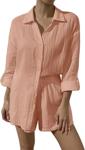 Linen Short Sets for Women Short Sleeve Top Shorts 2 Piece Summer Beach Vacation Outfits Lounge Tracksuits