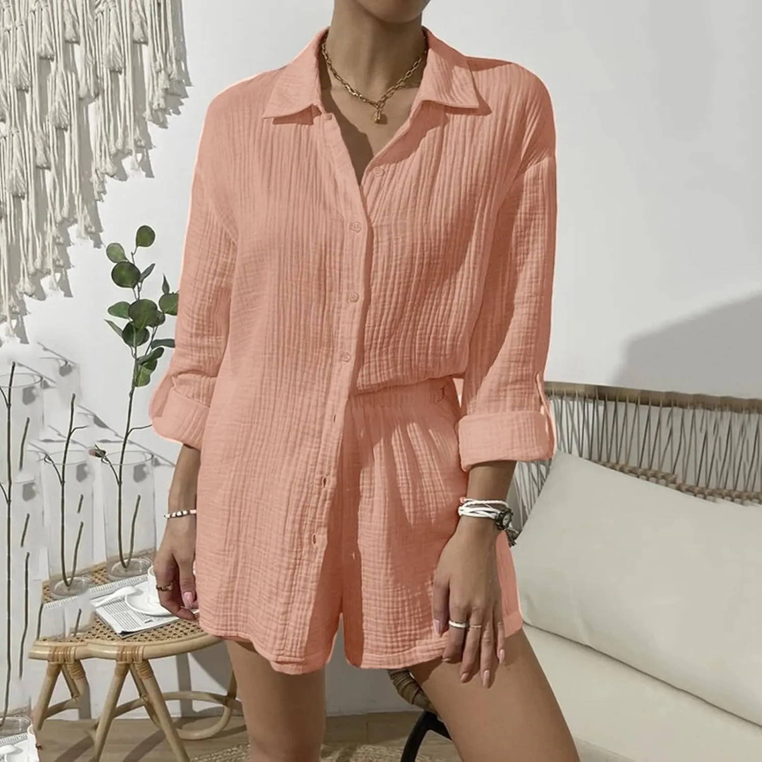 Linen Short Sets for Women Short Sleeve Top Shorts 2 Piece Summer Beach Vacation Outfits Lounge Tracksuits