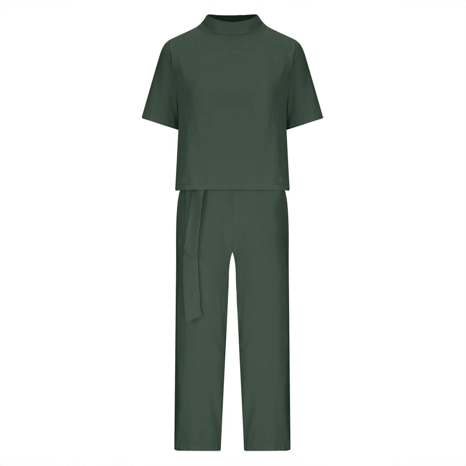 Linen Suits for Women 2 Piece Summer Crewneck Short Sleeve Pullover T Shirts Tops Wide Leg Pants Matching Lounge Sets