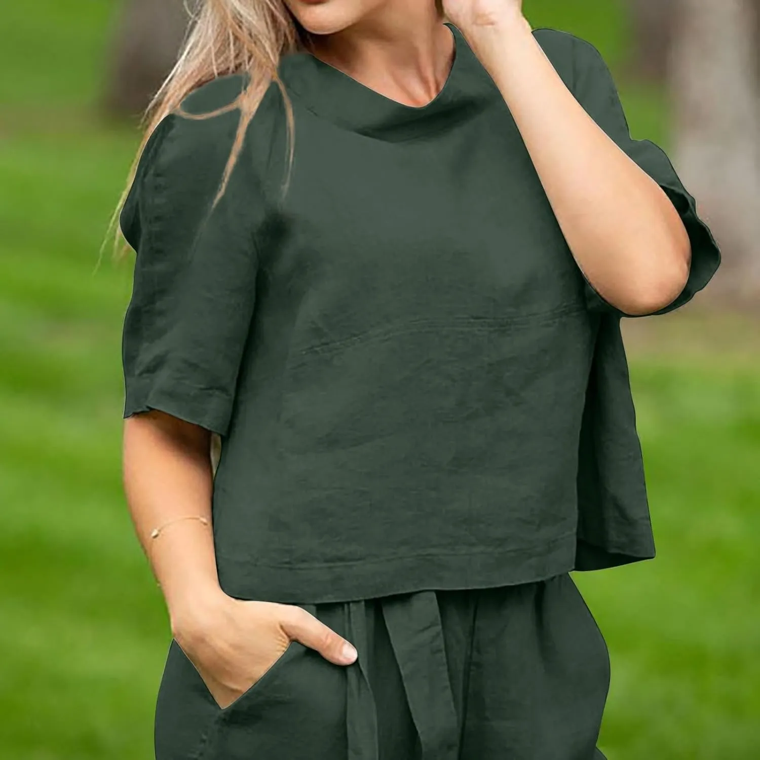 Linen Suits for Women 2 Piece Summer Crewneck Short Sleeve Pullover T Shirts Tops Wide Leg Pants Matching Lounge Sets