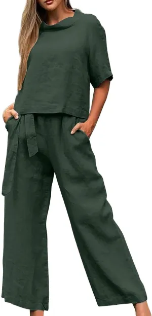Linen Suits for Women 2 Piece Summer Crewneck Short Sleeve Pullover T Shirts Tops Wide Leg Pants Matching Lounge Sets