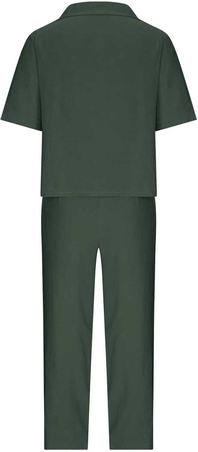 Linen Suits for Women 2 Piece Summer Crewneck Short Sleeve Pullover T Shirts Tops Wide Leg Pants Matching Lounge Sets