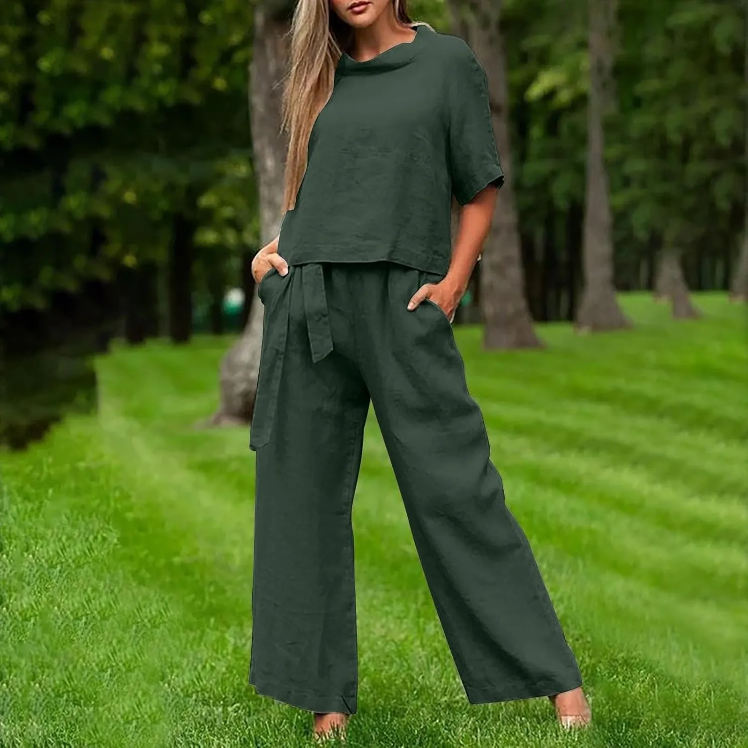 Linen Suits for Women 2 Piece Summer Crewneck Short Sleeve Pullover T Shirts Tops Wide Leg Pants Matching Lounge Sets