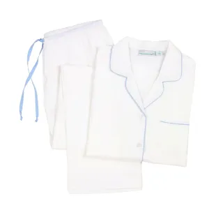 Logan White With Periwinkle Piping Cotton PJ Set