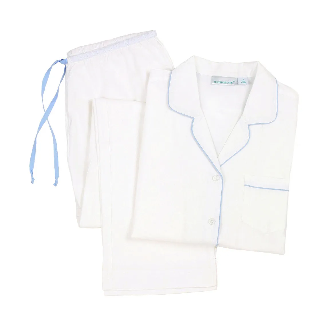 Logan White With Periwinkle Piping Cotton PJ Set